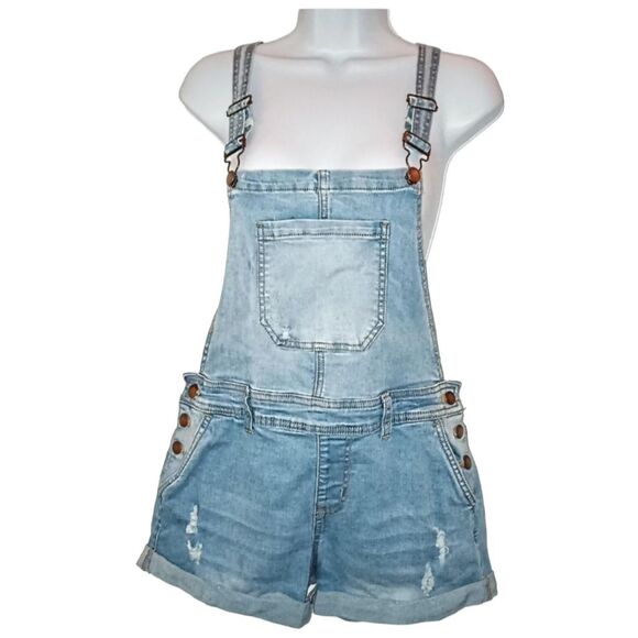 Women's Size 9 Blue Dungarees-overalls Shortalls Cuffed Distressed - Picture 1 of 3